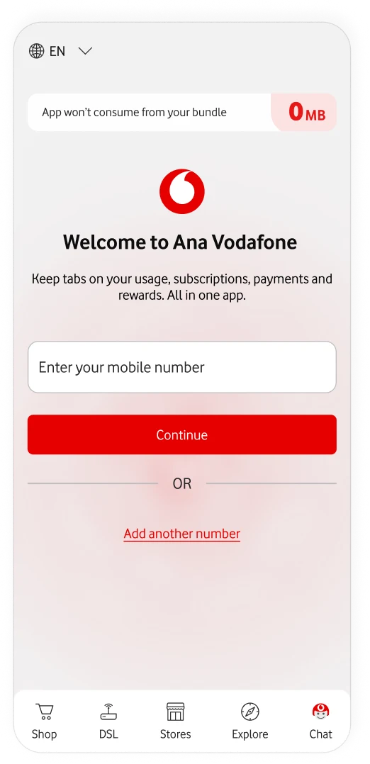 Ana Vodafone welcome screen where a customer can enter a mobile number to begin registration