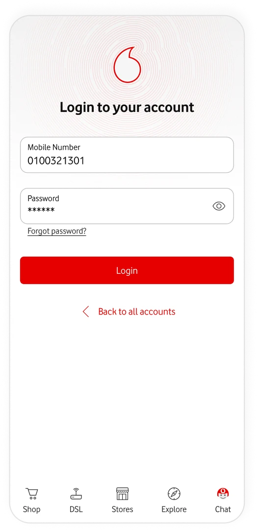 Account login screen with the mobile number and password entered