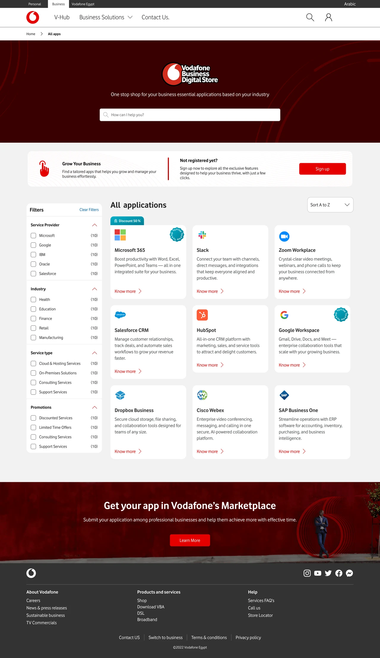 Desktop marketplace with search, business filters, product cards, and a partner call to action