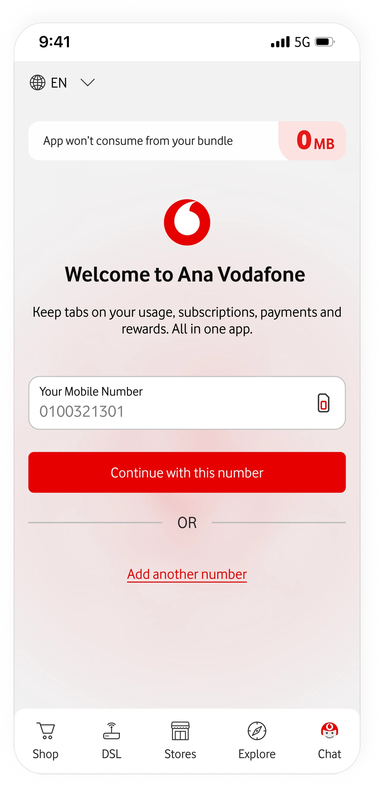 Ana Vodafone welcome screen showing the recognized mobile number and the option to continue