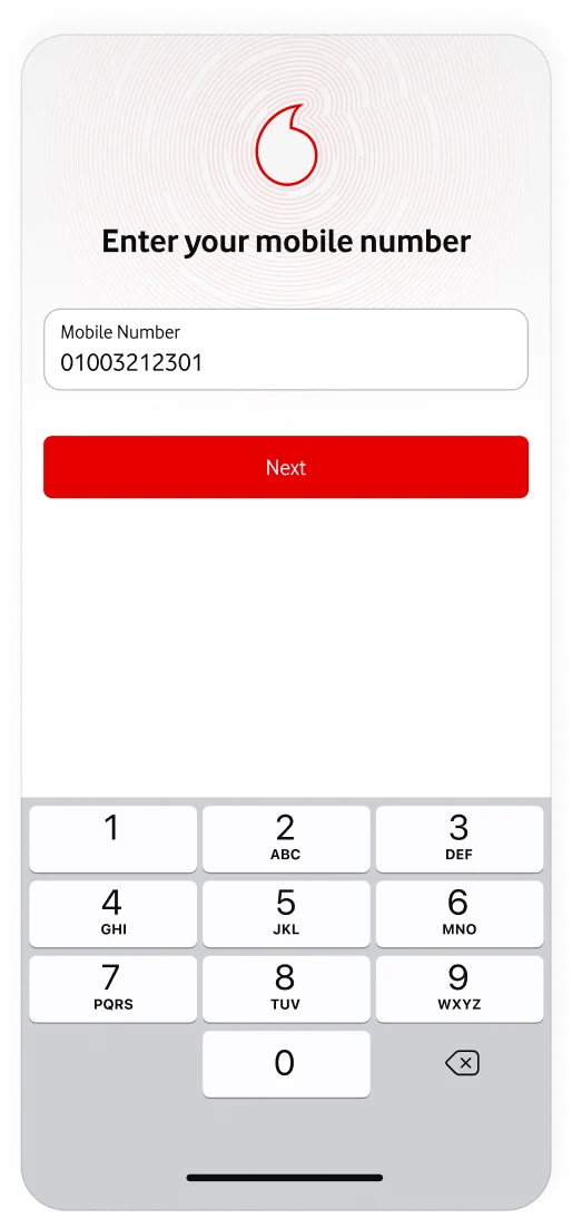 Mobile-number entry screen with the customer's number entered and the Next action available