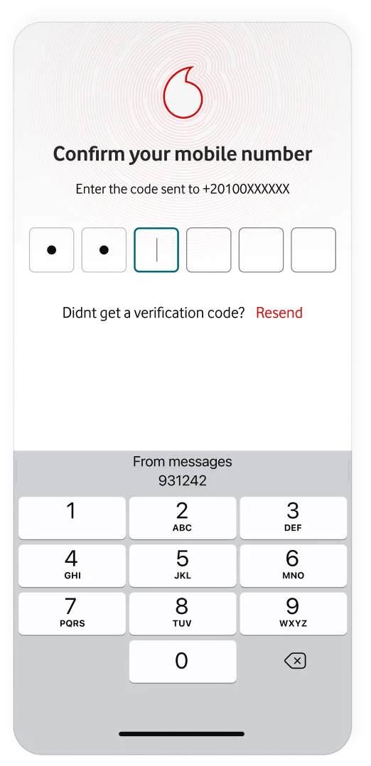 Mobile-number verification screen while the customer enters the six-digit code