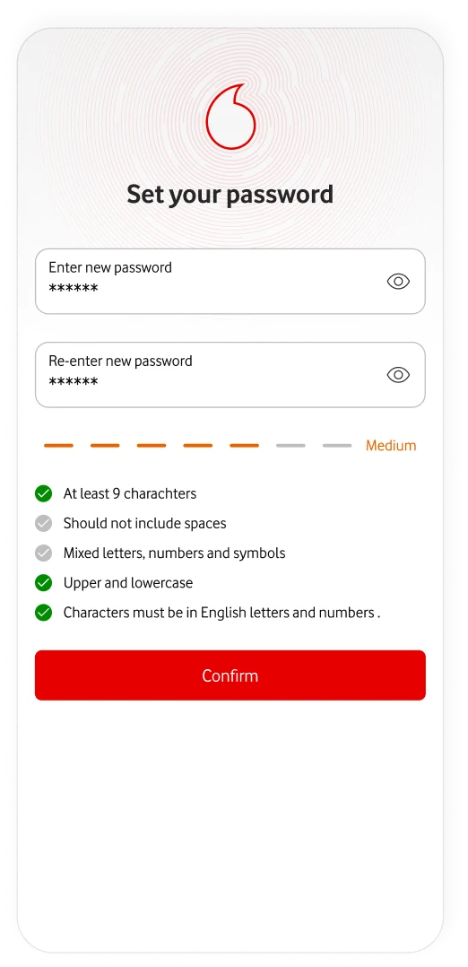 Password creation screen showing password requirements and confirmation fields