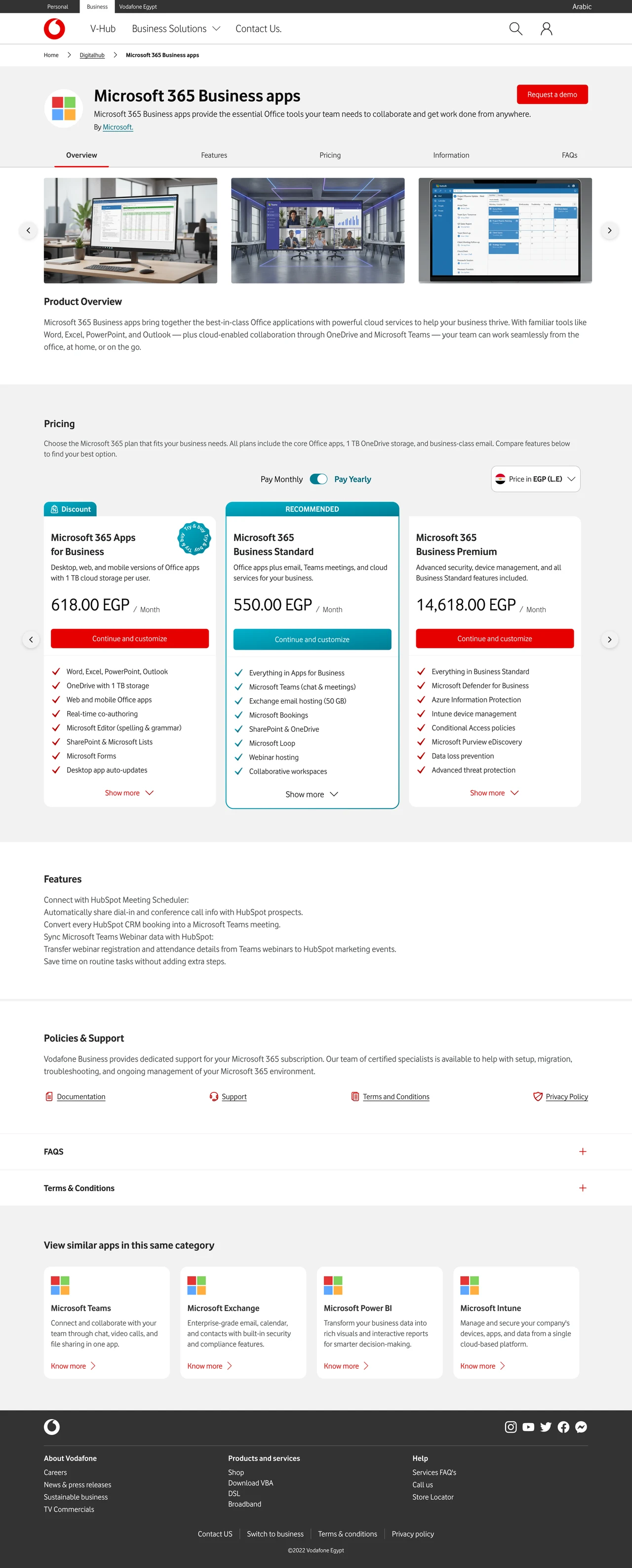 Scrollable desktop product page showing the product overview, comparable plans, features, support, FAQs, and related products