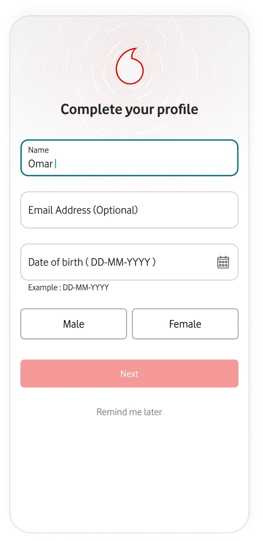 Empty profile-completion screen with name, optional email, date of birth, and gender fields