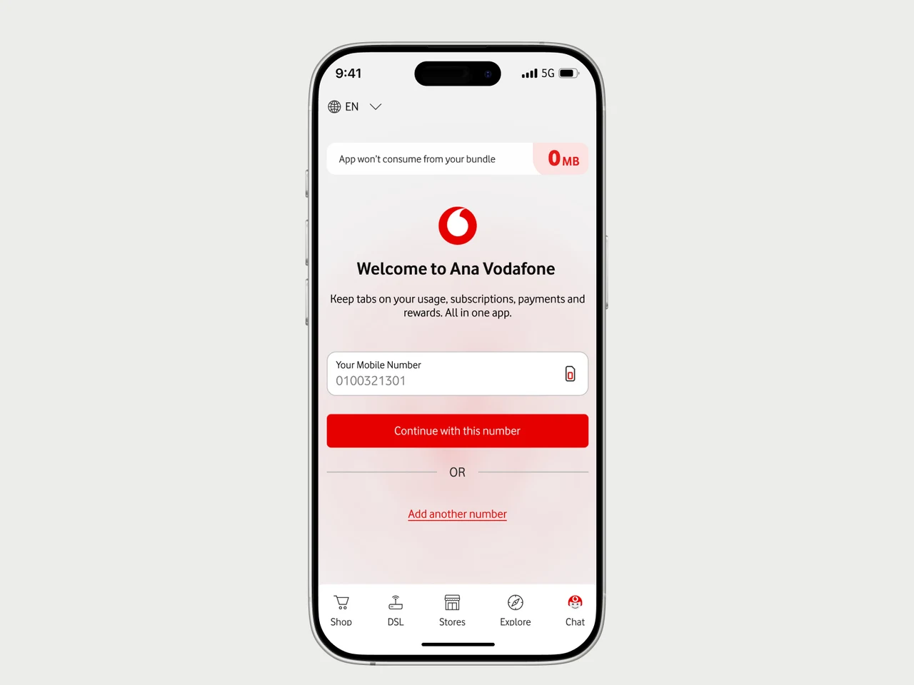 Ana Vodafone login screen displayed in an iPhone frame