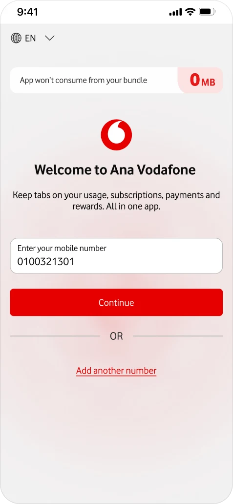 Ana Vodafone welcome screen where a customer identifies their mobile number while using Wi-Fi