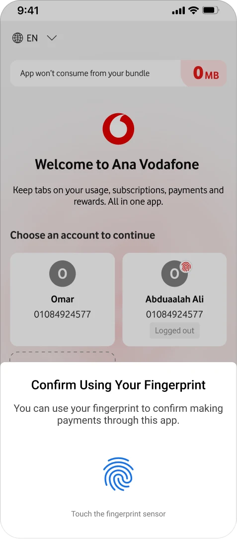 Fingerprint confirmation overlay displayed for the biometric-enabled account
