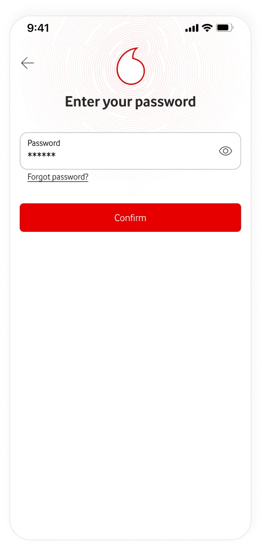 Ana Vodafone password screen used to complete secure sign-in while on Wi-Fi