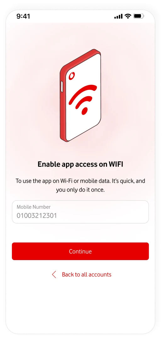 Network-change screen explaining how to enable Ana Vodafone access after switching from mobile data to Wi-Fi