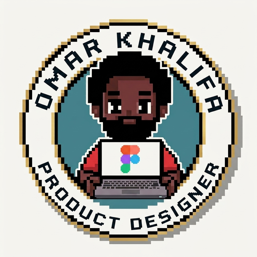 Pixel-art portrait badge of Omar Khalifa holding a laptop
